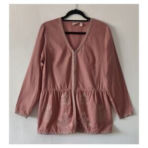 LOGO Lavish Embroidered Floral Tunic Top Shacket Size S Mauve Cotton Long Sleeve
